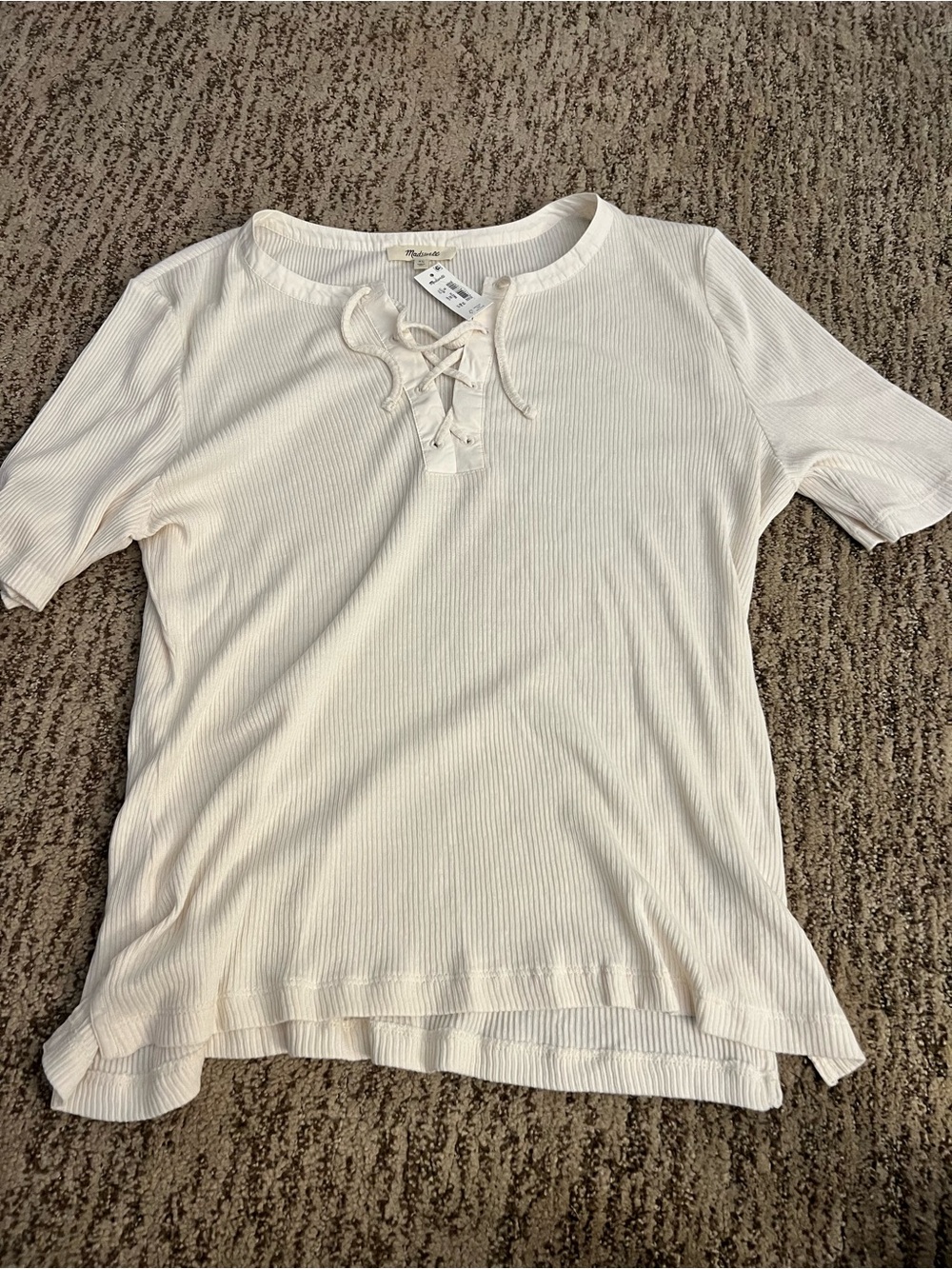 Madewell Cream Ribbed Lace-Up Short Sleeve Tee NWT